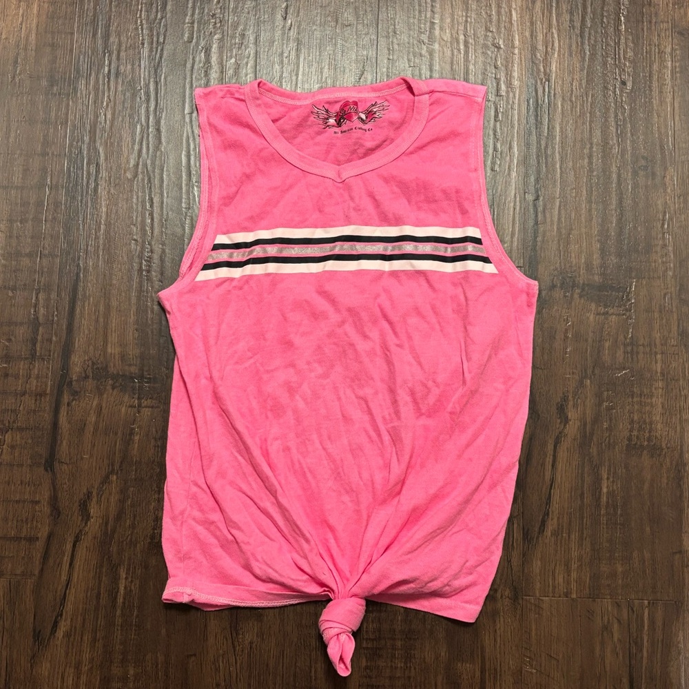 So Nikki Pink Knotted Tank Top with Stripes girls L
